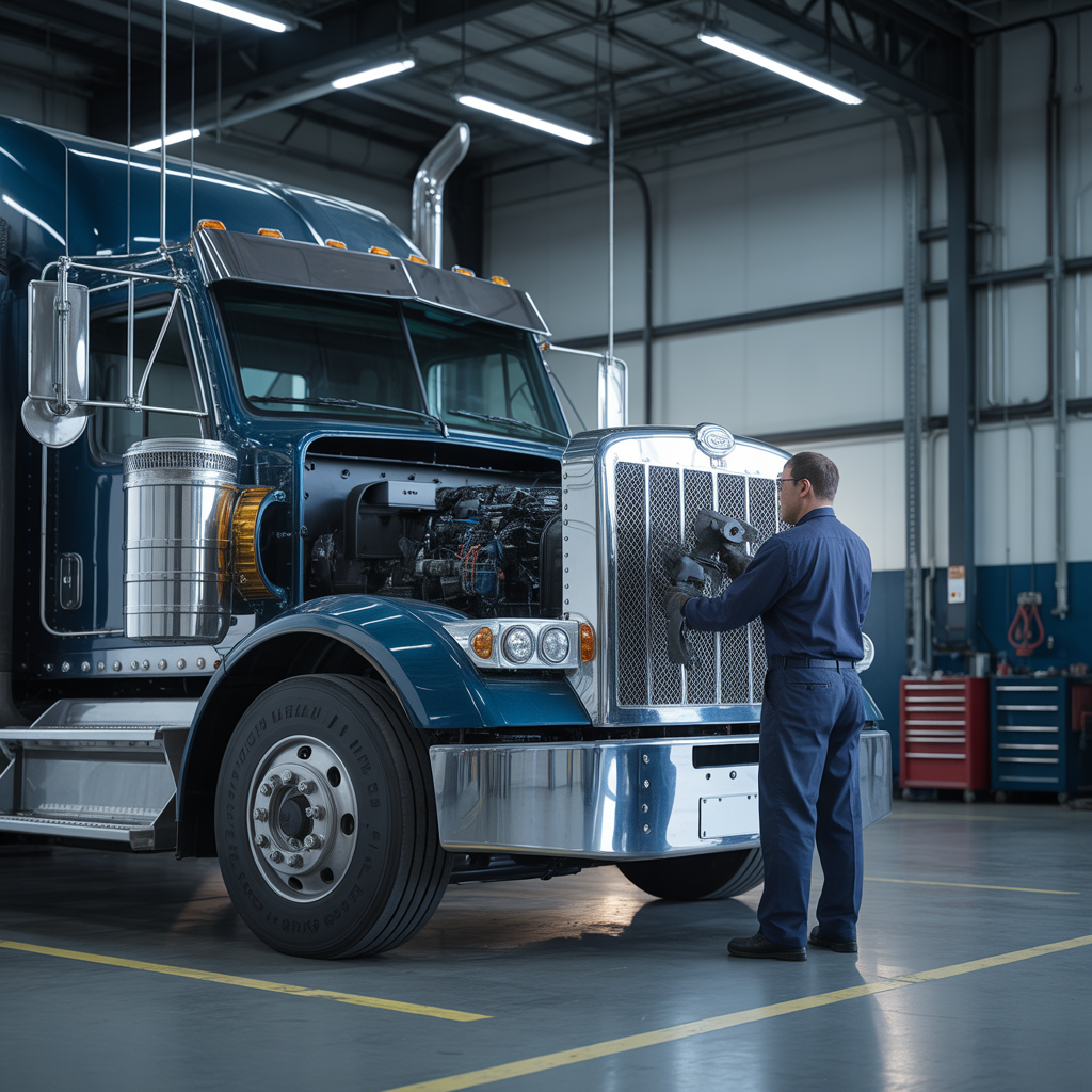 Professional truck mechanic servicing heavy-duty truck